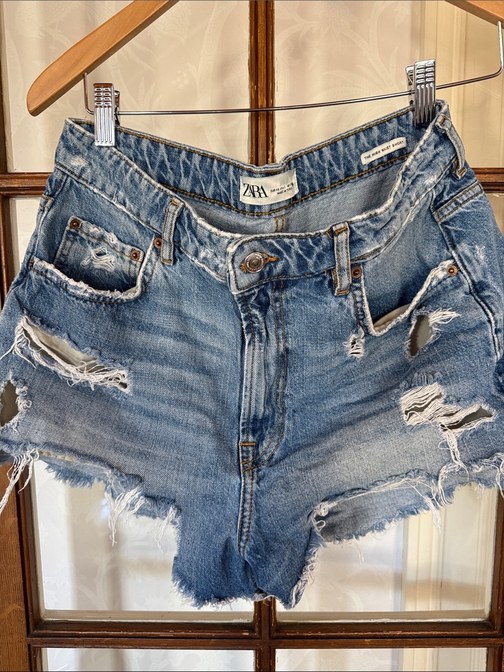 ZARA Light Blue High-Waist Distressed Denim Shorts